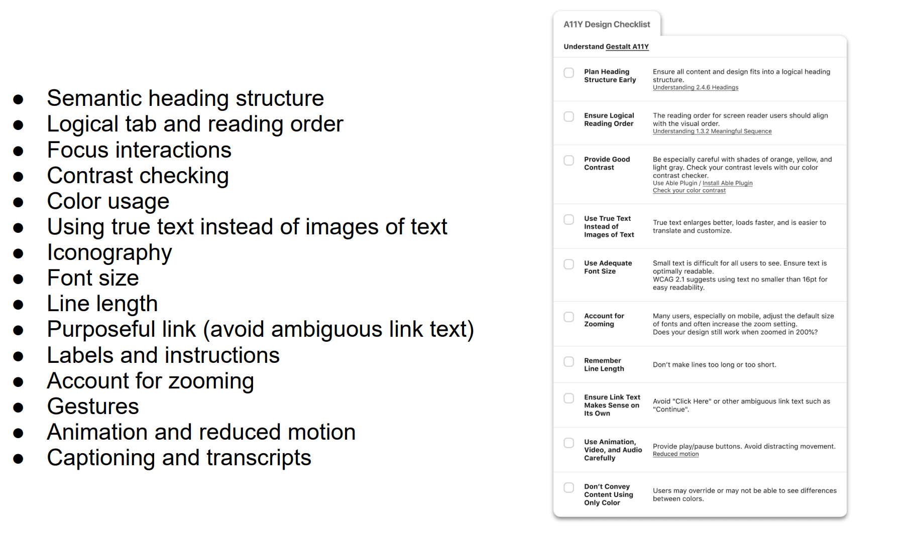 A slide showing a list of a11y design considerations and an example of a Figma a11y checklist