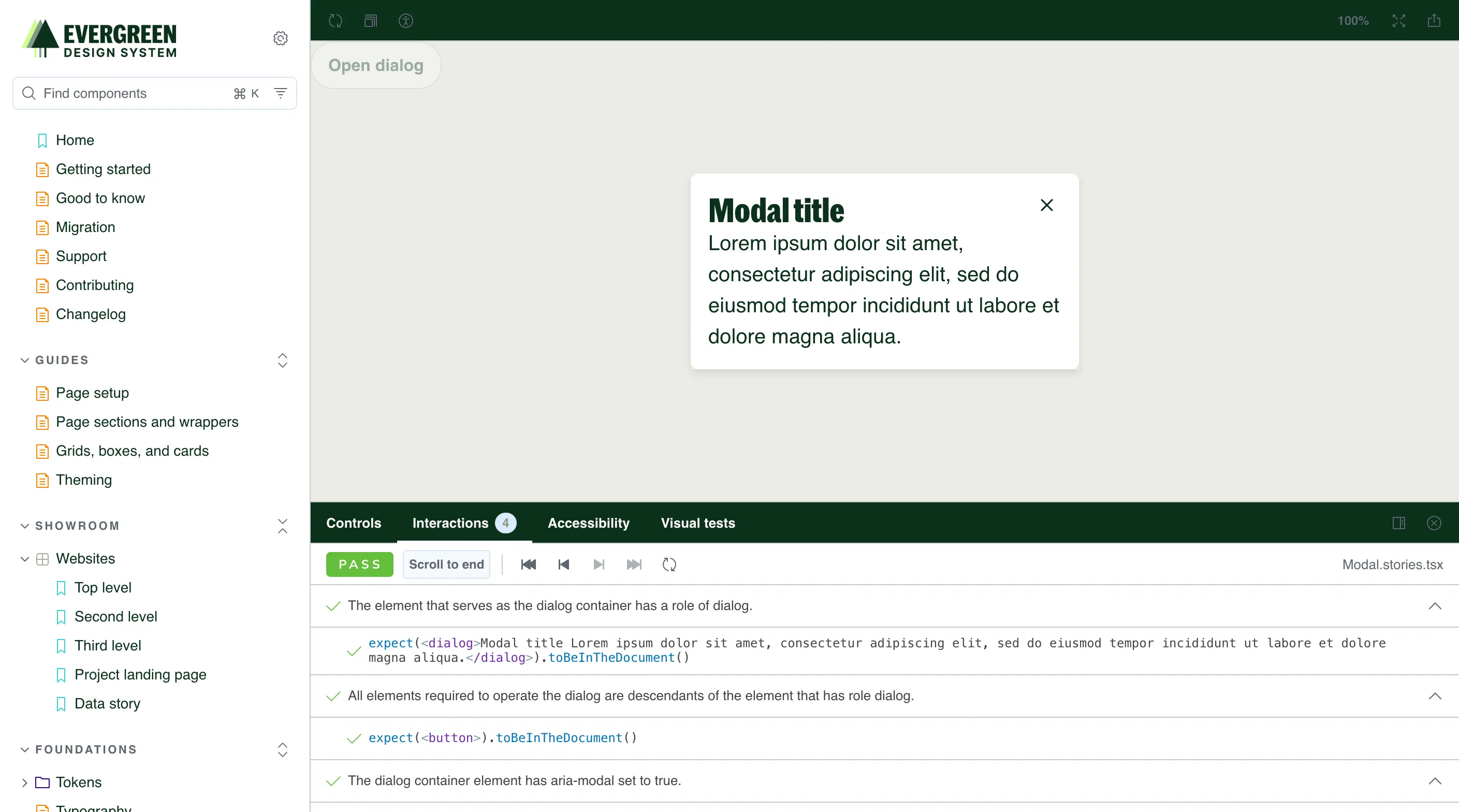 Evergreen's Storybook showing a modal being tested for interaction accessibility