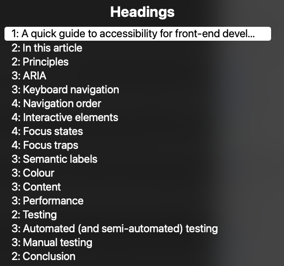 MacOS VoiceOver list of headings in this article