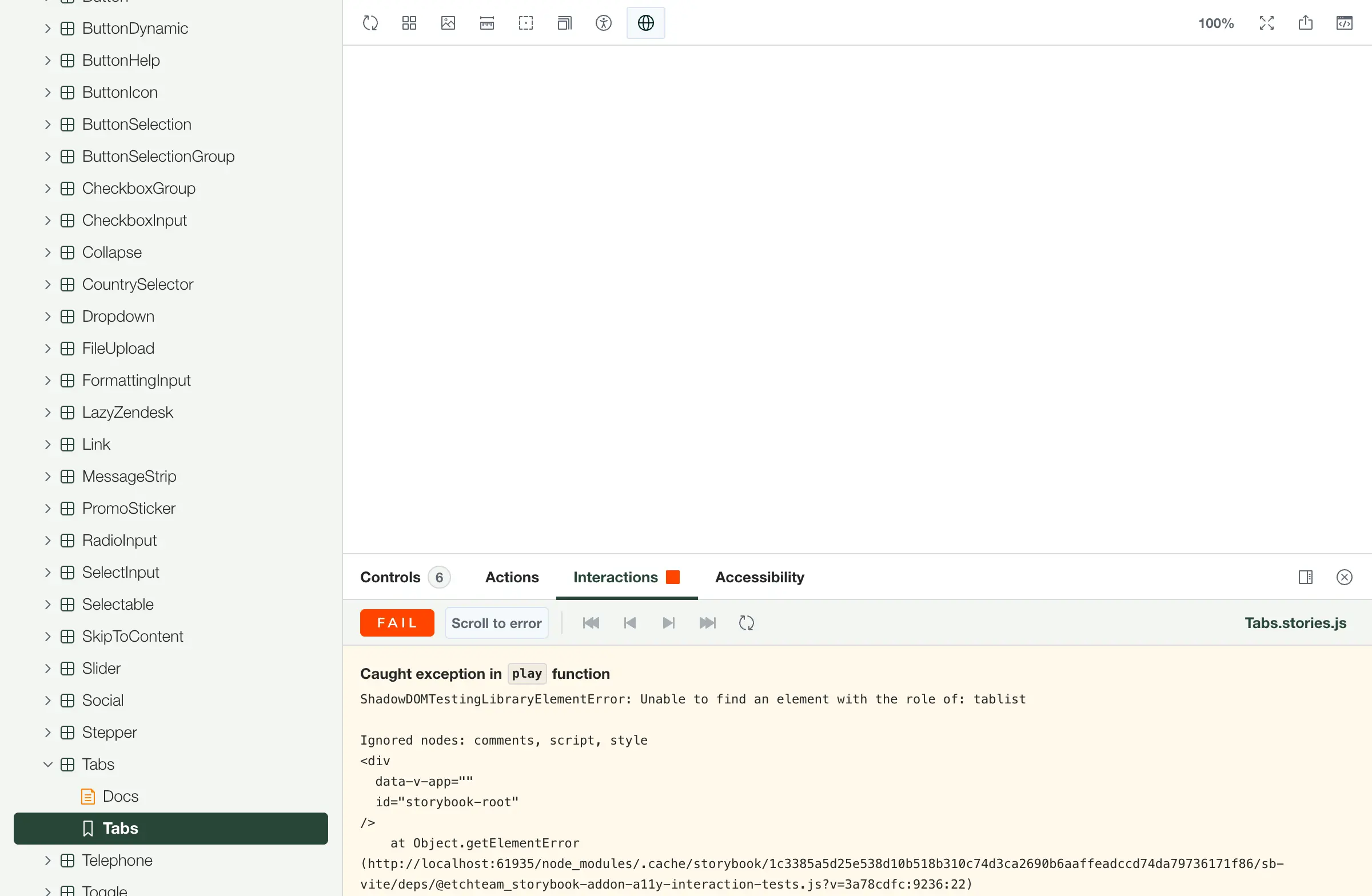 Storybook showing a Tabs story with an empty canvas and a failing interaction test — the a11yTabs test was imported before any component code was written
