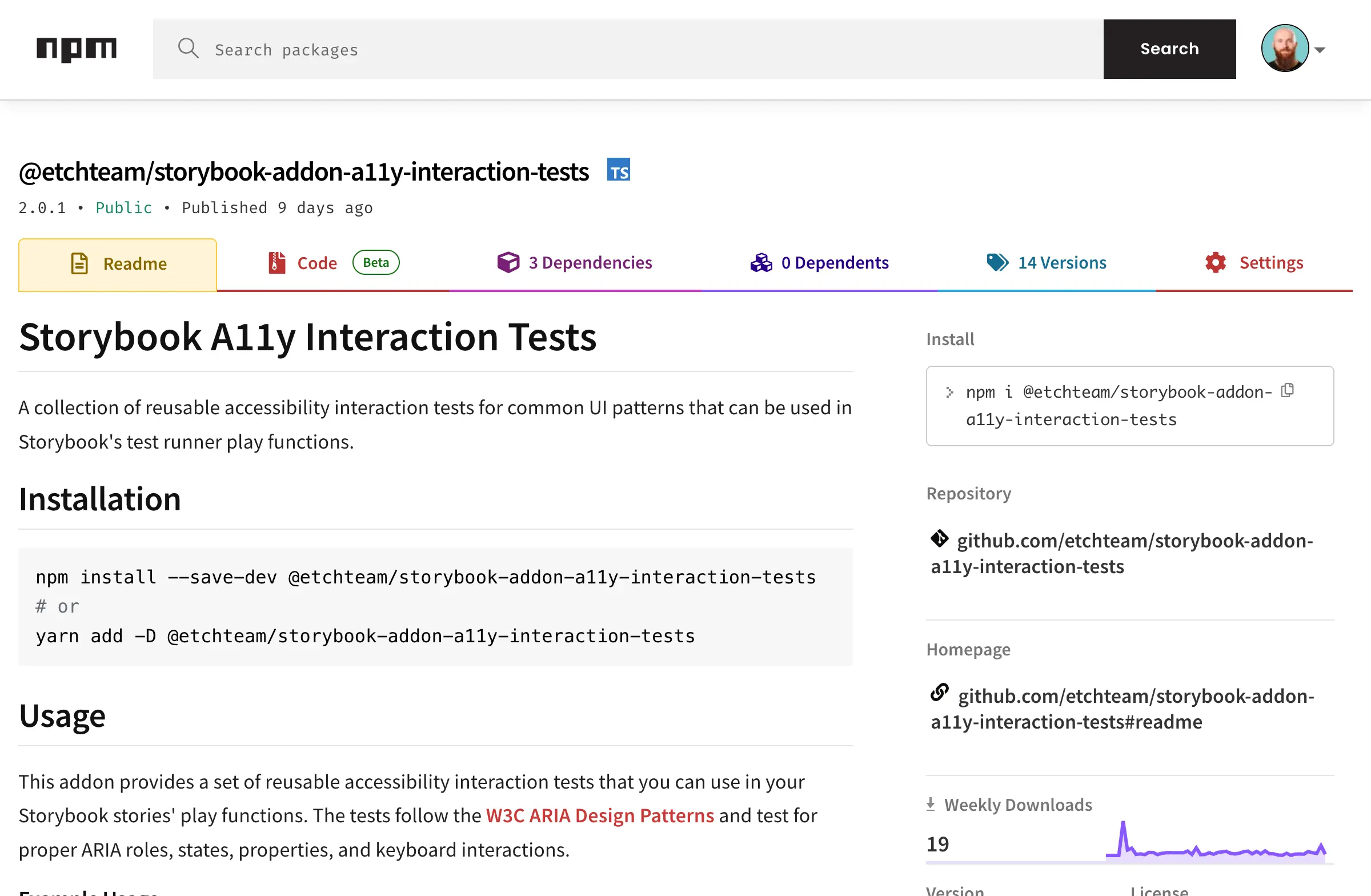 The npm package page for @etchteam/storybook-addon-a11y-interaction-tests, showing installation instructions and a description of the package