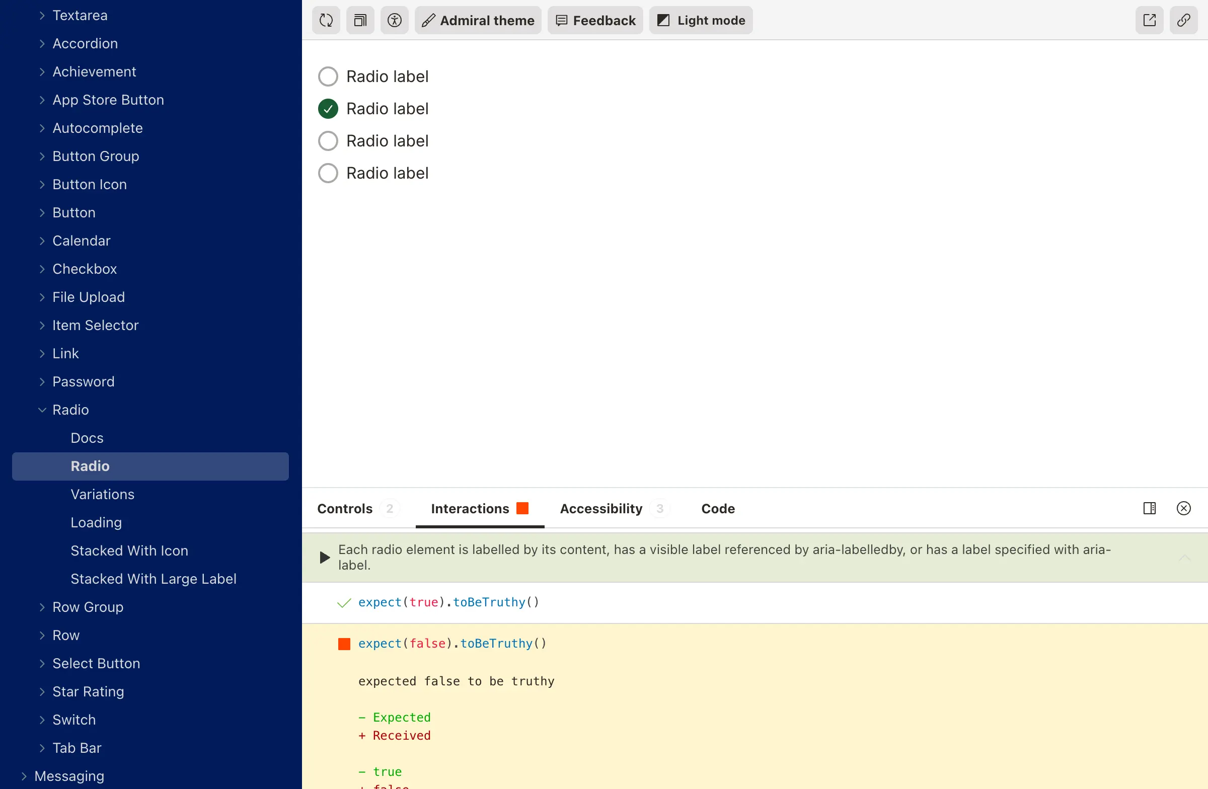 Storybook's interaction test panel showing a failing accessibility test for a Radio component, with an error indicating a missing aria-labelledby or aria-label attribute