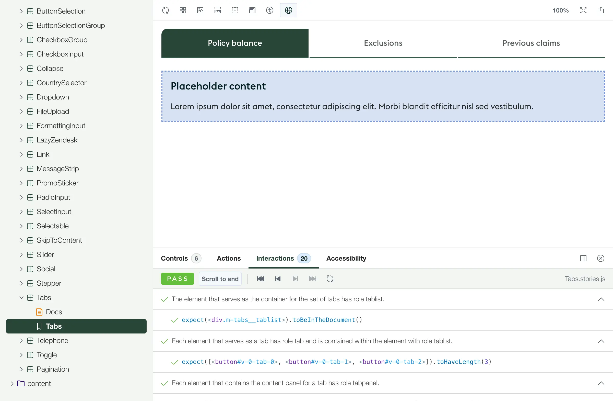 Storybook's interaction test panel showing 20 passing accessibility tests for a Tabs component, with green checkmarks next to assertions about tablist roles, tab containment, and tabpanel references