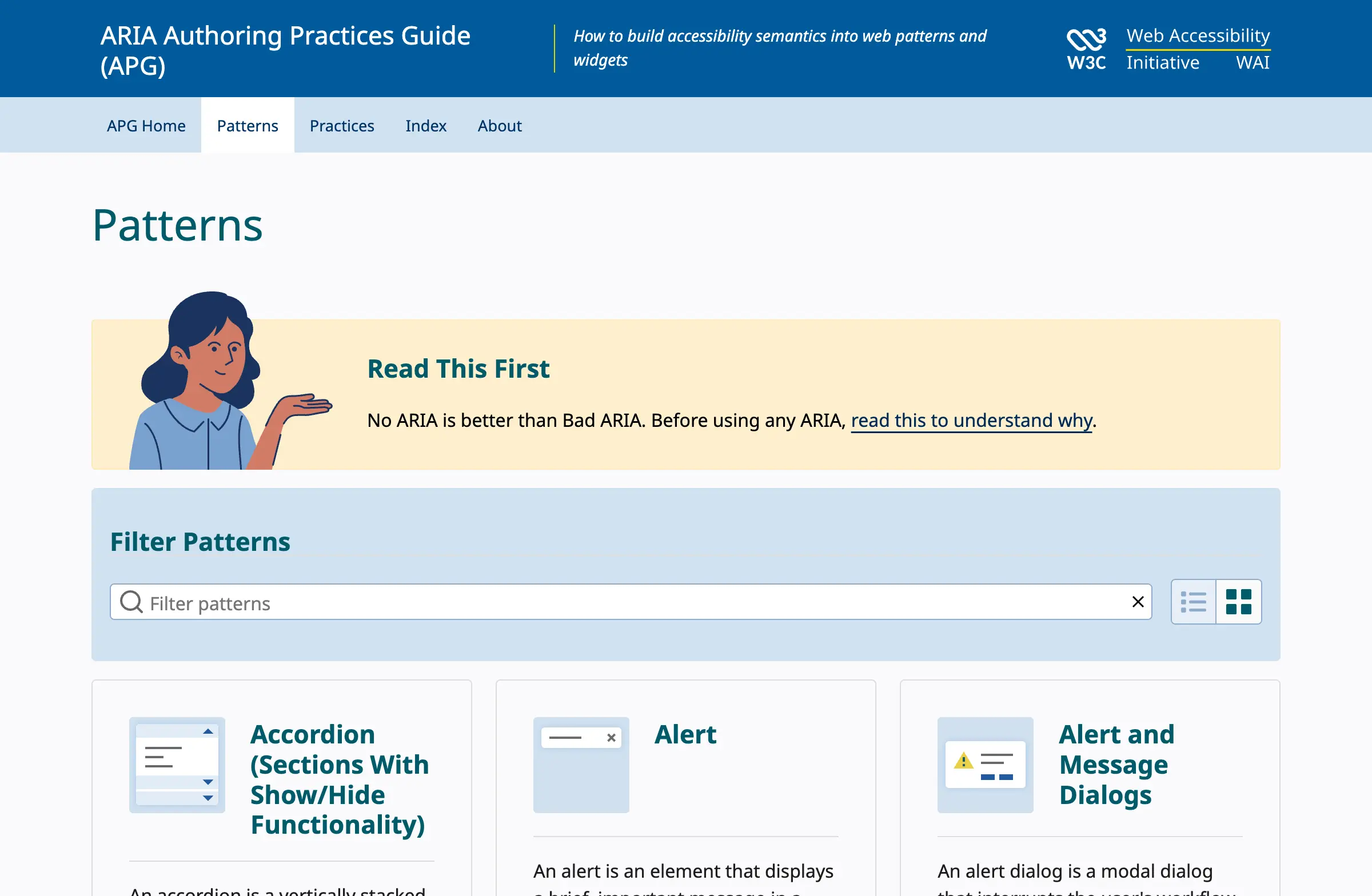 The W3C ARIA Authoring Practices Guide patterns page, showing a filterable grid of UI pattern specs including Accordion, Alert, and Alert Dialog